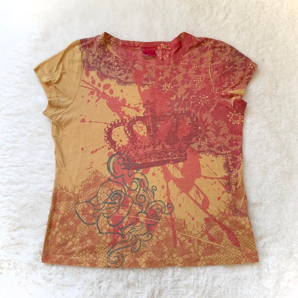 Y2K 2000s Baby Tee Abstract Crown Print Multicolor Yellow Orange Girl's 14/16